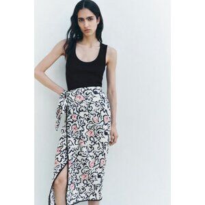 Zara ZW Womens Wrap Pareo Skirt XS Midi Linen Black White 8180/019 NWT